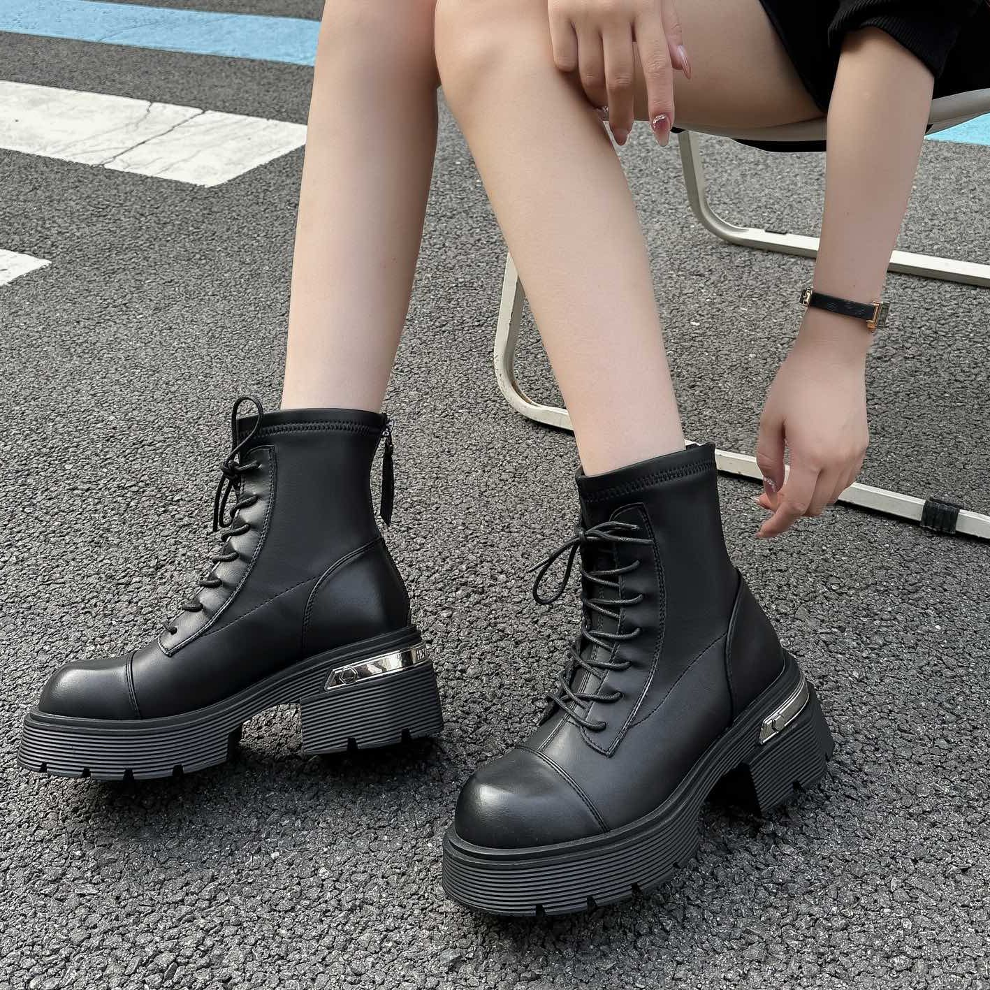 真皮马丁靴女2023年新款靴子女英伦风炸街马丁靴粗跟厚底859-1