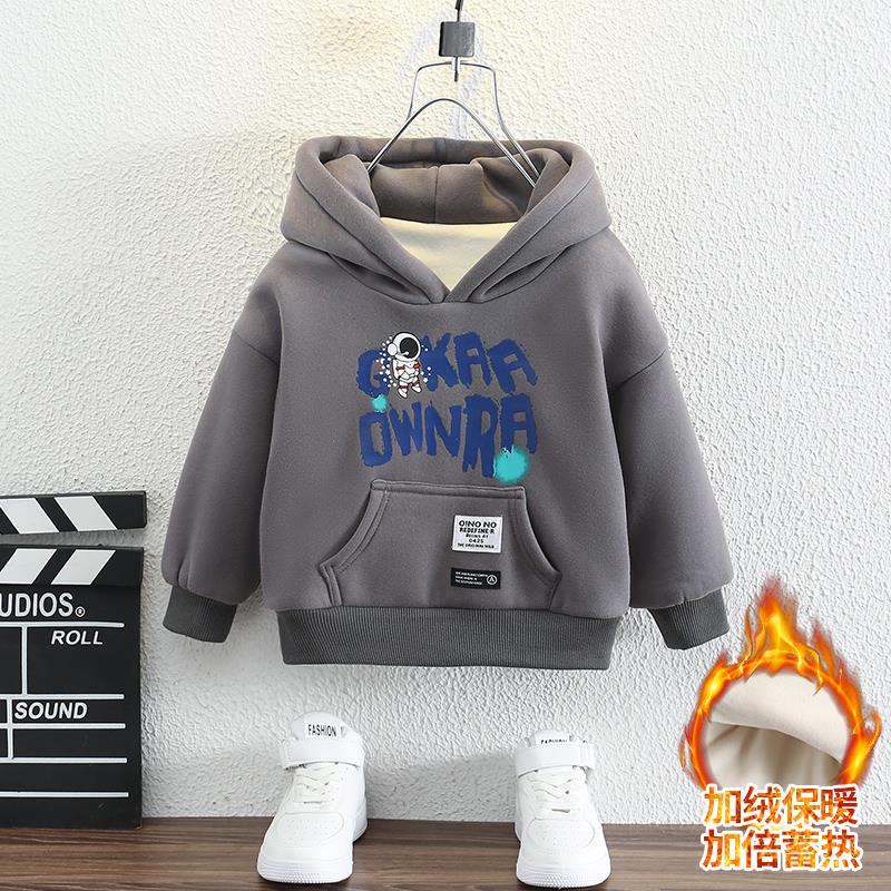 雪中飞男童冬装2023年新款加绒加厚宝宝连帽运动衫男小童秋冬儿童