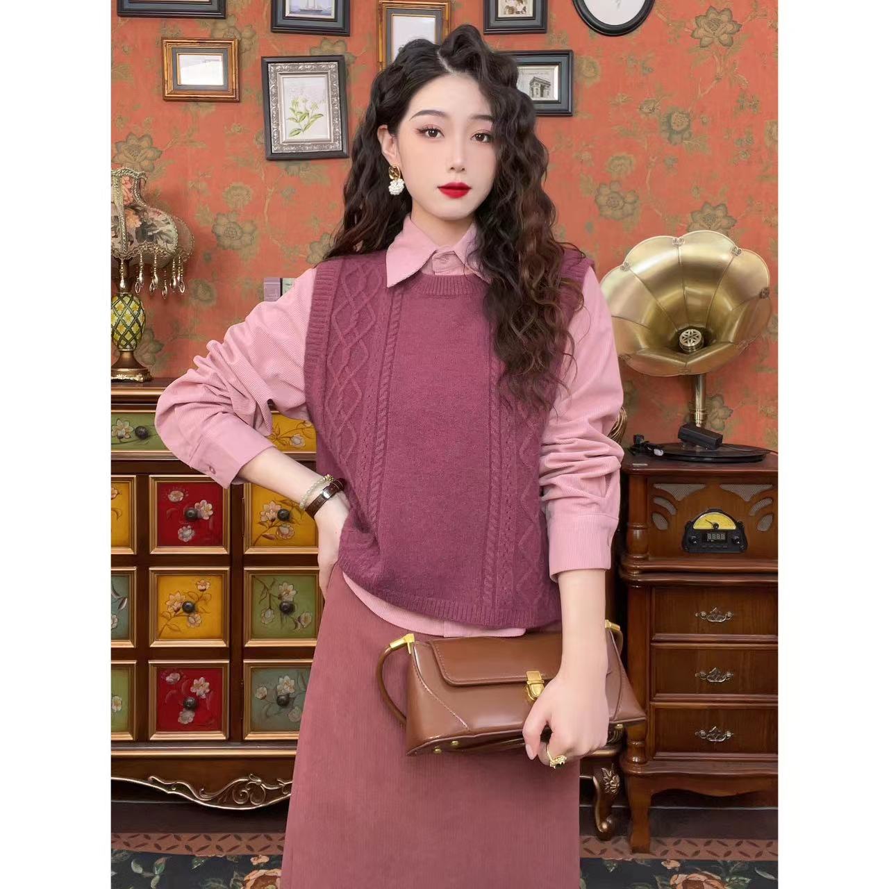 蒋蒋【青梅煮酒】港味复古休闲百搭针织马夹背心17978