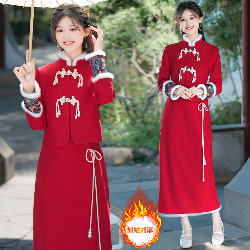 新中式国风加绒套装裙新年拜年富家千金改良旗袍上衣半身裙两件套