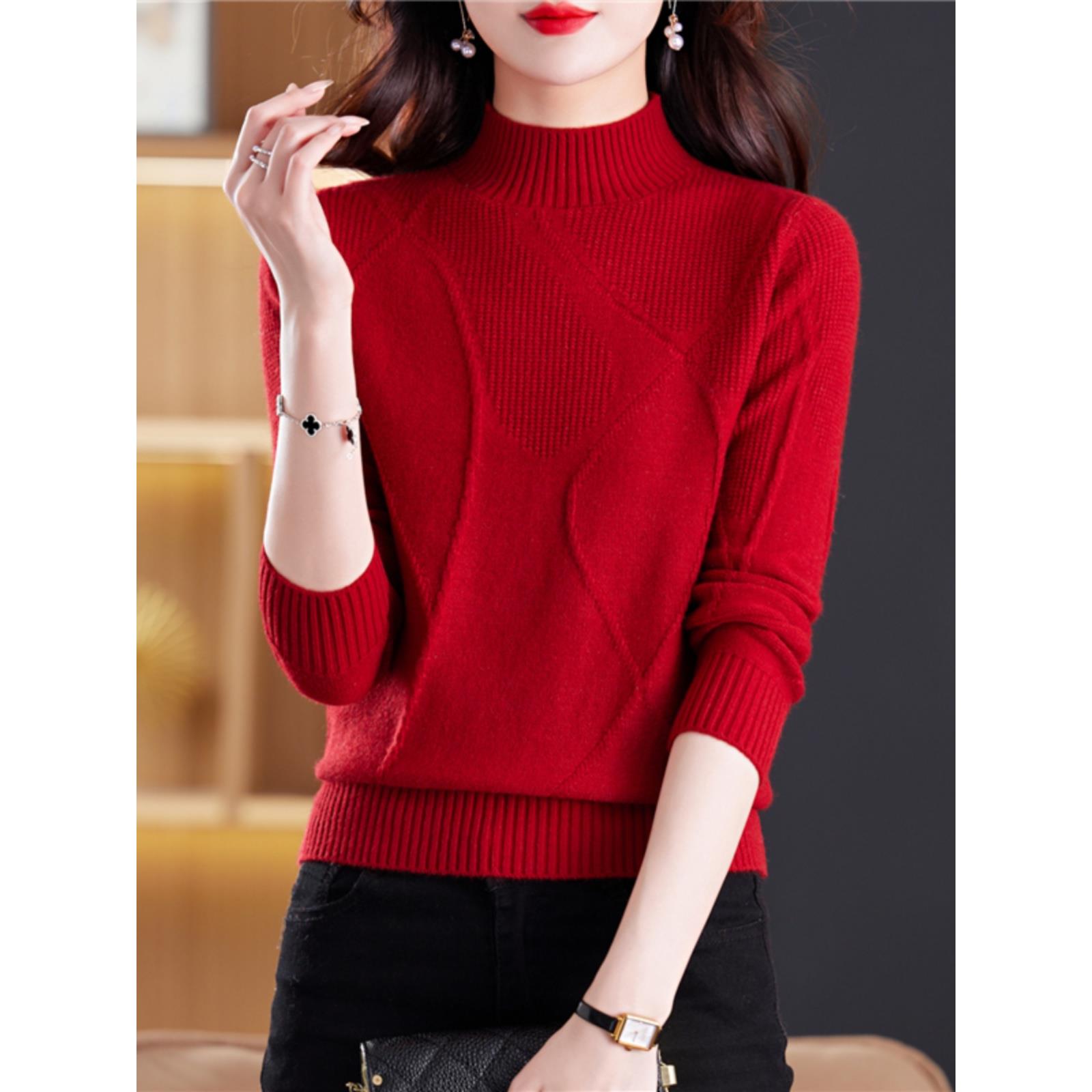 啄木鸟红色半高领毛衣女套头短款秋冬2023年新款内搭针织打底衫加