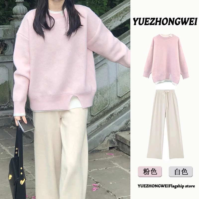 秋冬装搭配一整套小香风套头粉色针织衫微胖时尚高级感两件套套装