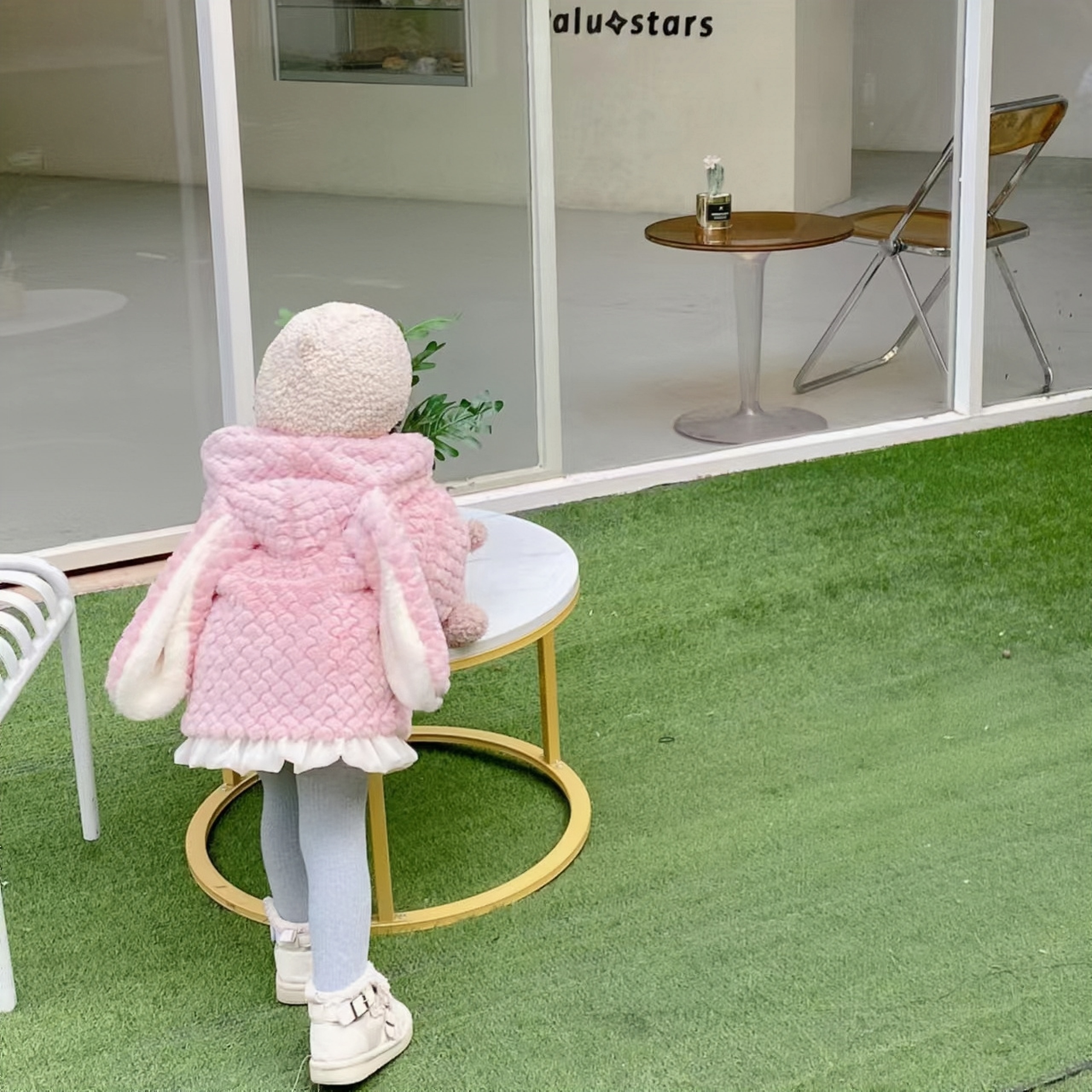 女童加厚连帽款大兔耳朵外套女宝冬季加绒保暖棉服（兔耳朵毛毛衣）