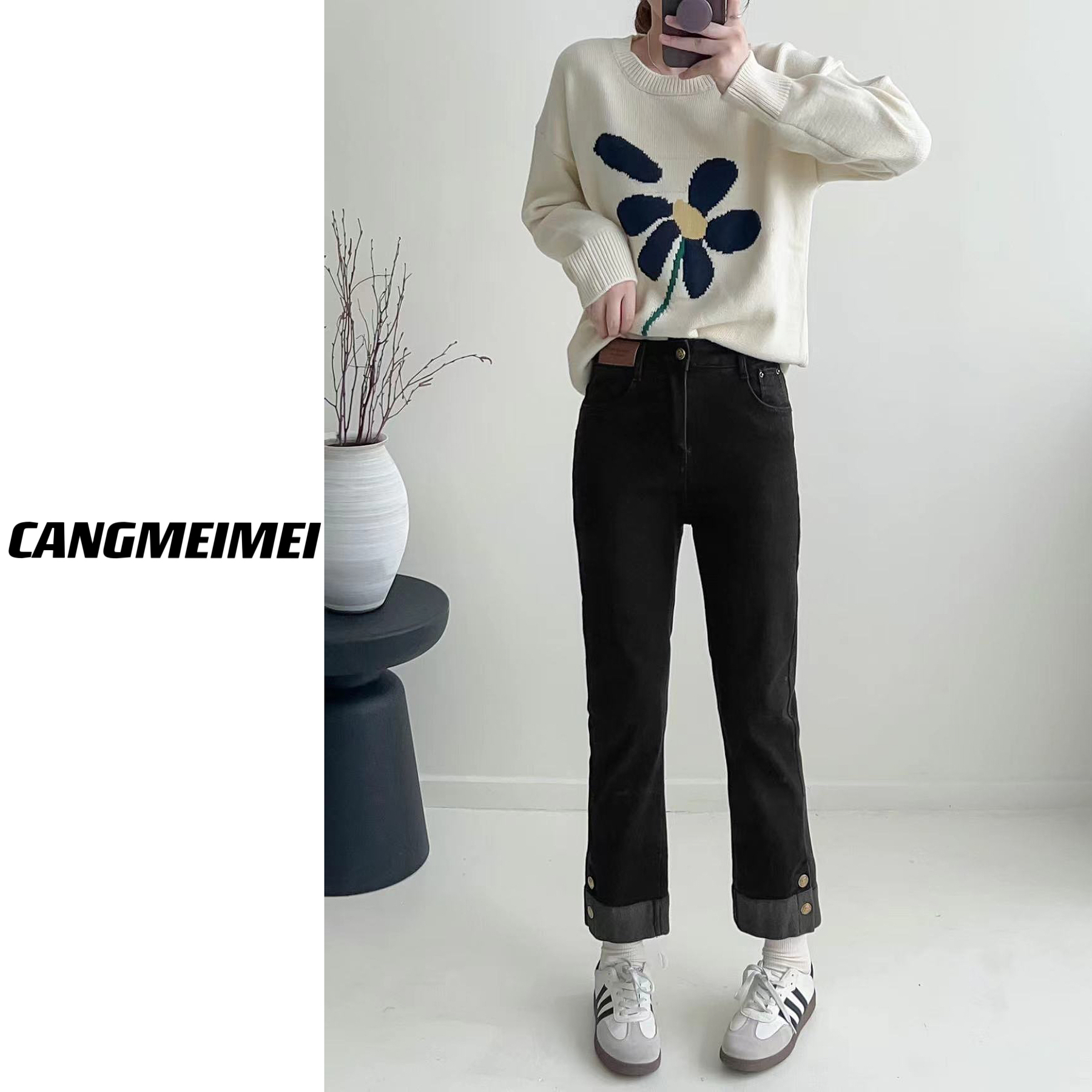 仓美美精选-五金女孩秋冬百搭神裤脚口钉扣翻边牛仔裤（卡码拍大）