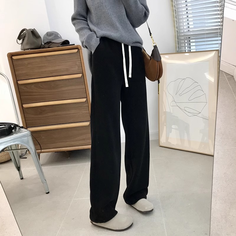 冬季新款胖妹妹大码加绒抽绳直筒镰刀裤梨形身材宽松阔腿拖地长裤