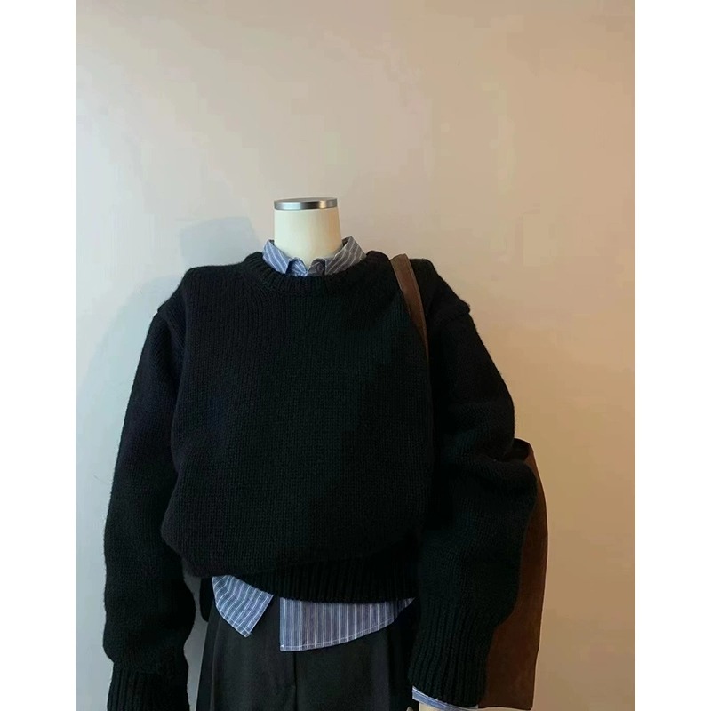 慵懒风黑色套头针织衫女秋冬款小个子内搭打底衫2023新款毛衣上衣