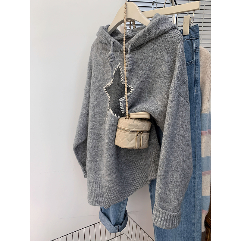 美式灰色星星连帽卫衣秋冬女装oversize外穿针织衫慵懒风宽松上衣