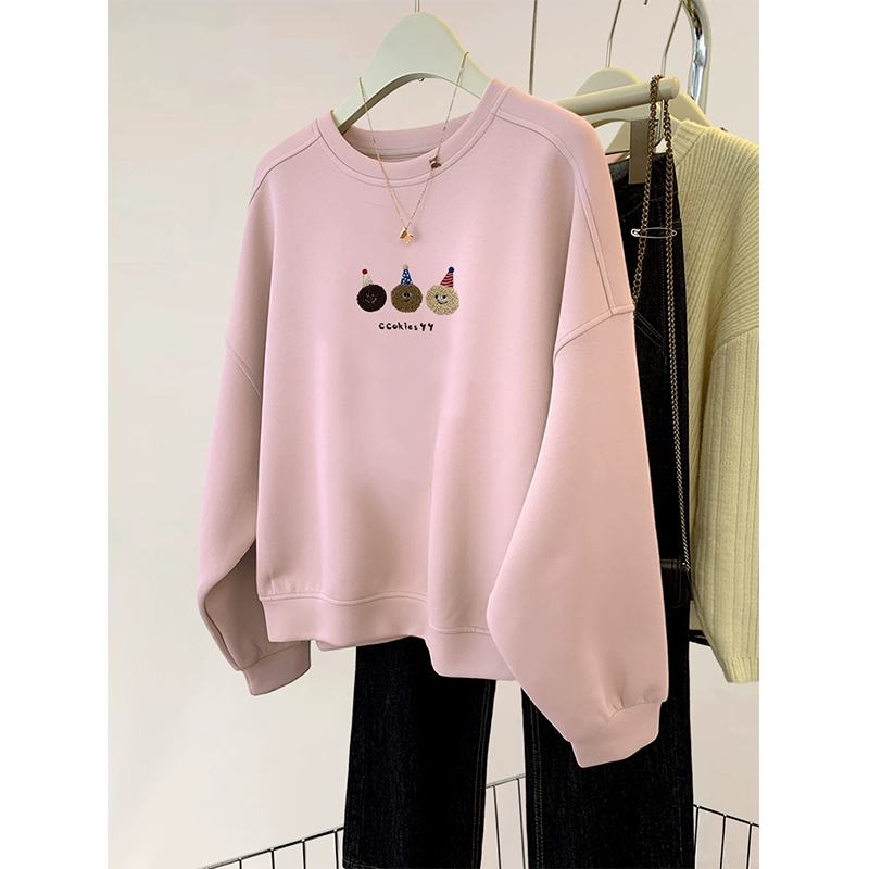 美式粉色加绒加厚卫圆领套头卫衣女秋冬高档洋气小个子短款打底衫