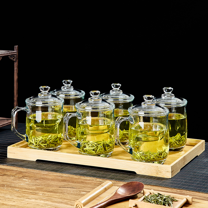 带把玻璃杯水杯套装家用客厅待客泡茶杯家庭喝水杯子带把杯具带盖