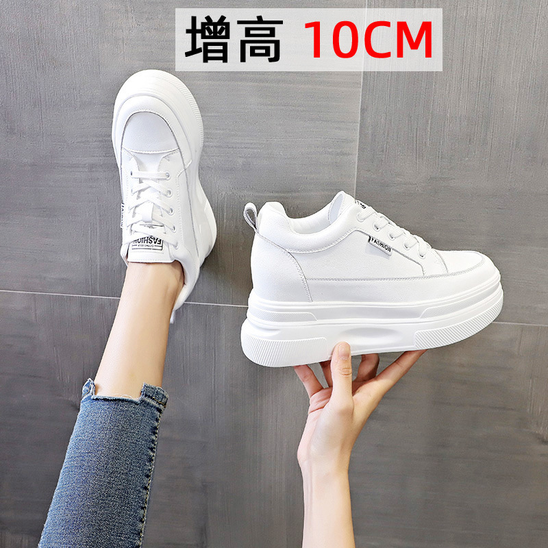 红蜻蜓牌增高10公分内增高女鞋新款休闲厚底松糕跟坡跟真皮小白鞋