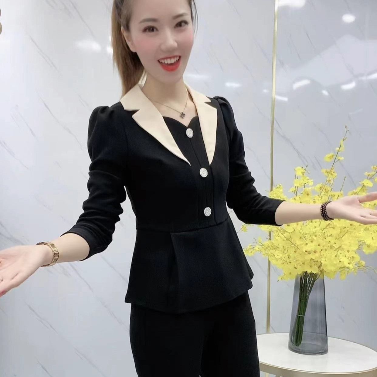 7029#时尚爆款洋气套装女秋季假两件遮肚上衣长裤减龄妈妈两件套