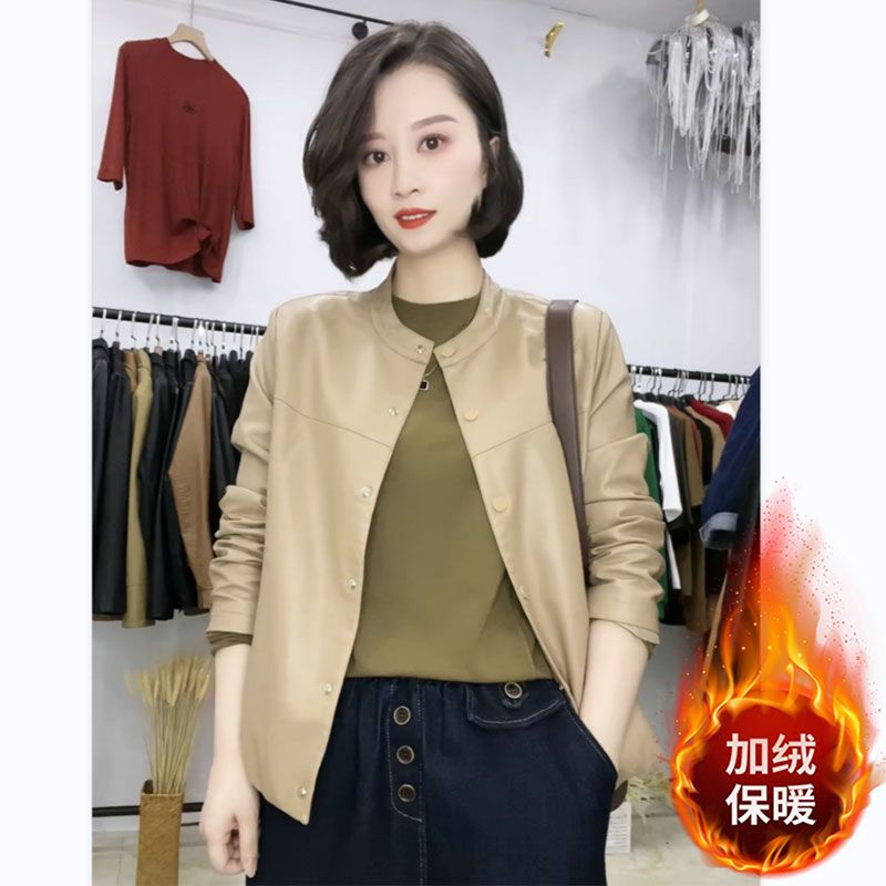 欧货时尚短PU皮夹克衫女秋冬新款圆领单排扣显瘦小个子外套 5093#