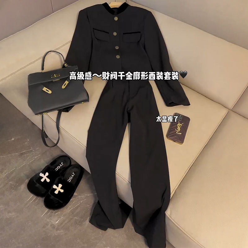 高级感赫本风时尚裤套装女秋季新款立领显瘦短上衣+高腰裤两件套