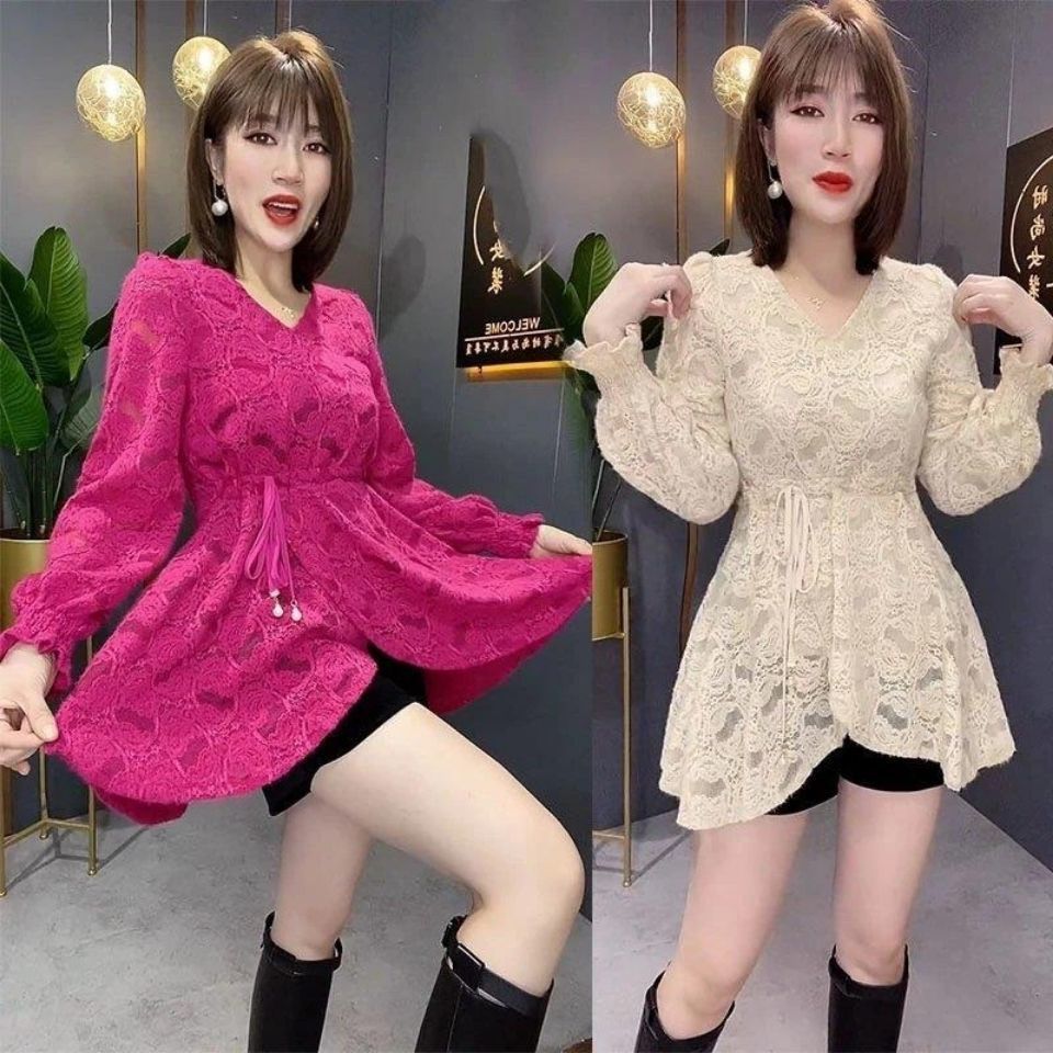 026#网红爆款V领打底衫秋冬款时尚减龄显瘦收腰蕾丝拼接百搭上衣