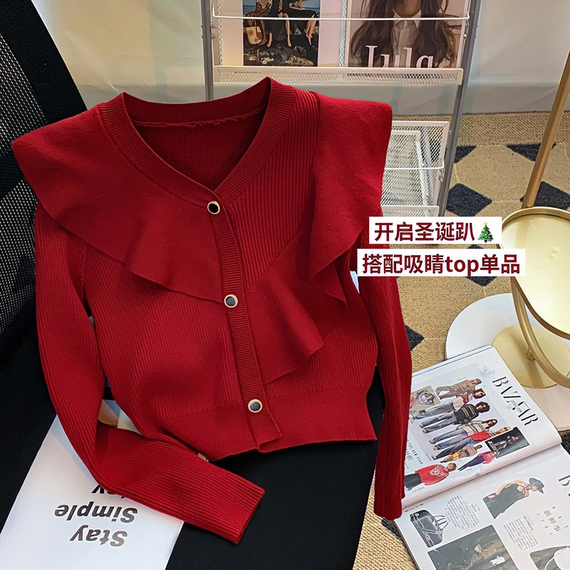 7703#法式气质红色针织衫秋冬新款V领荷叶边设计感百搭长袖上衣
