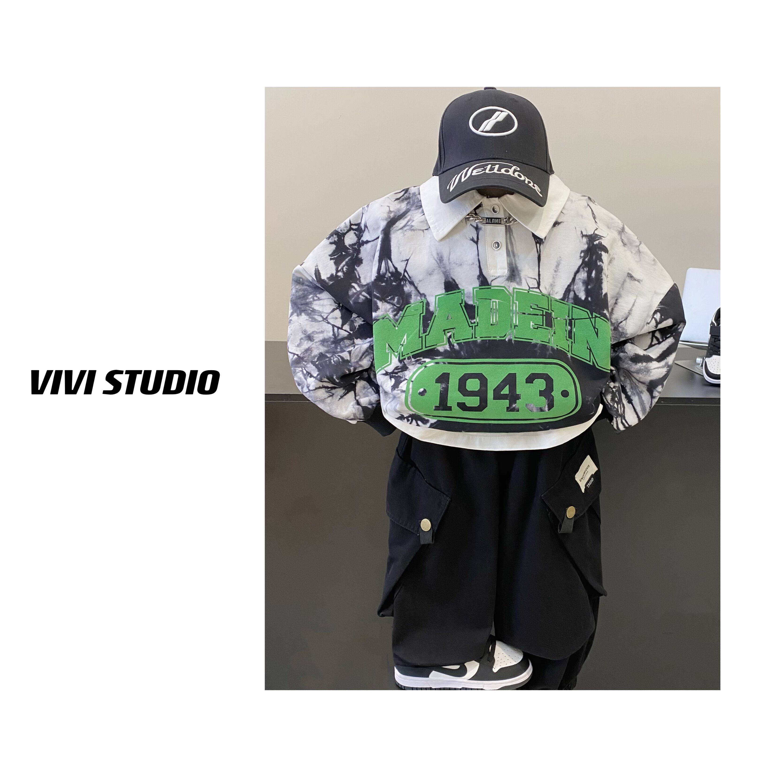 VIVI亲子装  「学院风」2023秋款童装扎染印花字母Polo领卫衣H4584