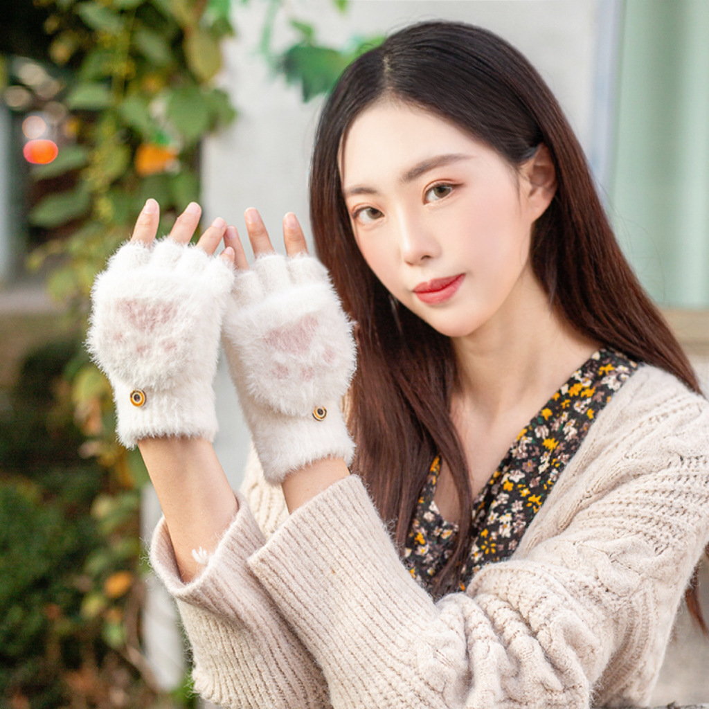 毛绒手套女士加绒加厚可爱卡通猫爪仿貂绒防寒保暖冬季骑车手套