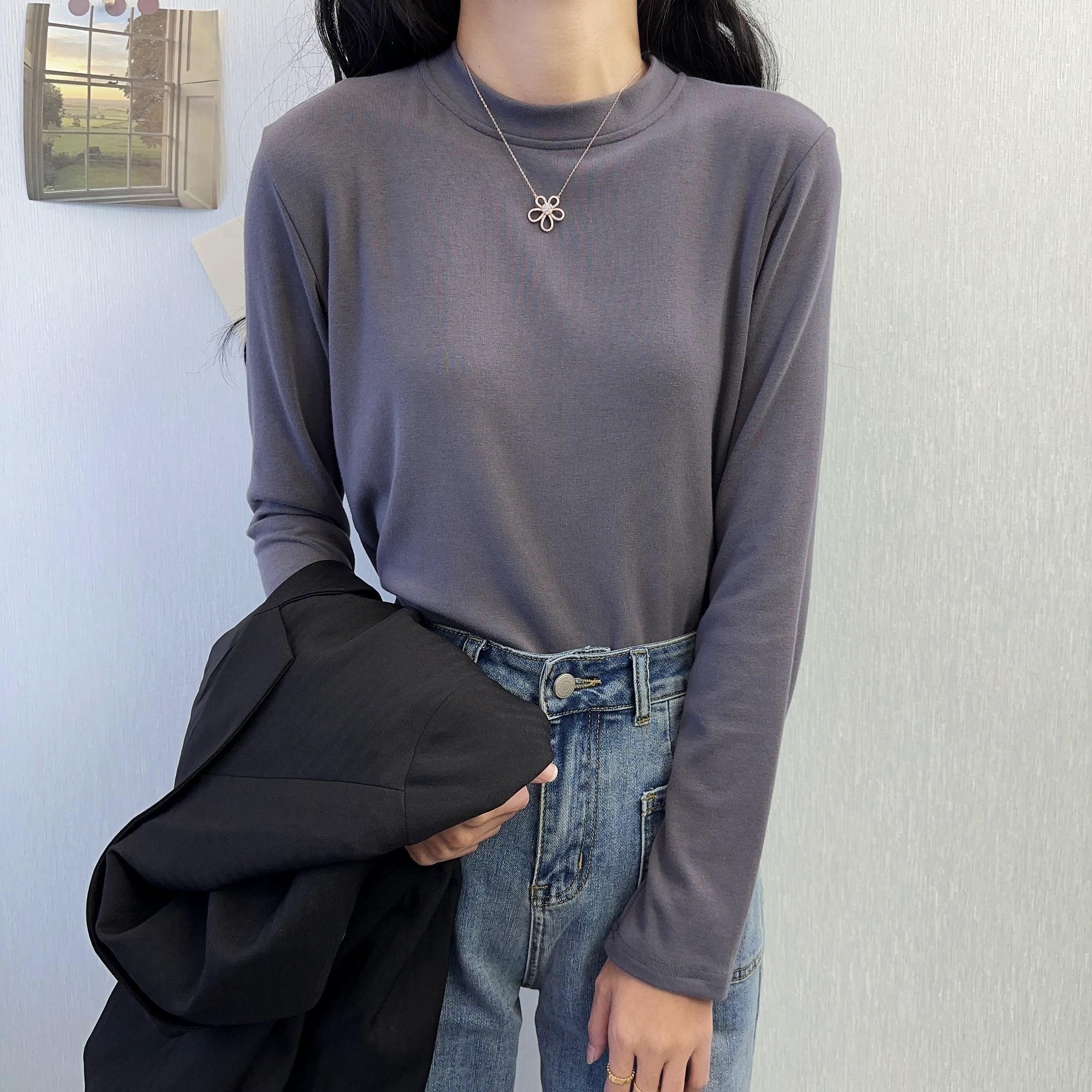 高品质春秋季细螺纹小圆领半高领款长袖t恤女修身显瘦百搭打底衫