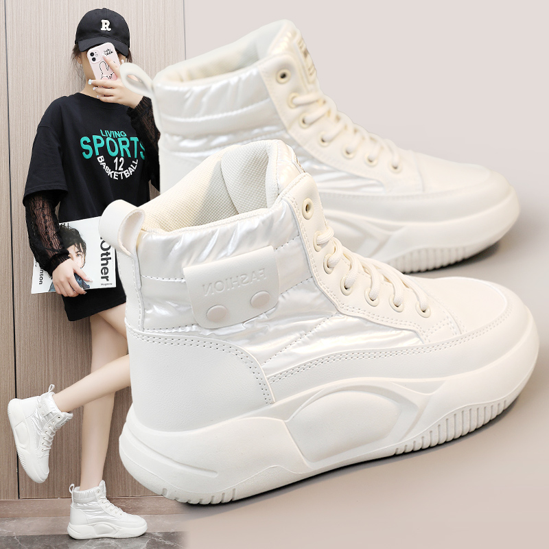 时尚高帮小白鞋女冬2023秋季新款休闲运动鞋子百搭厚底加绒板鞋