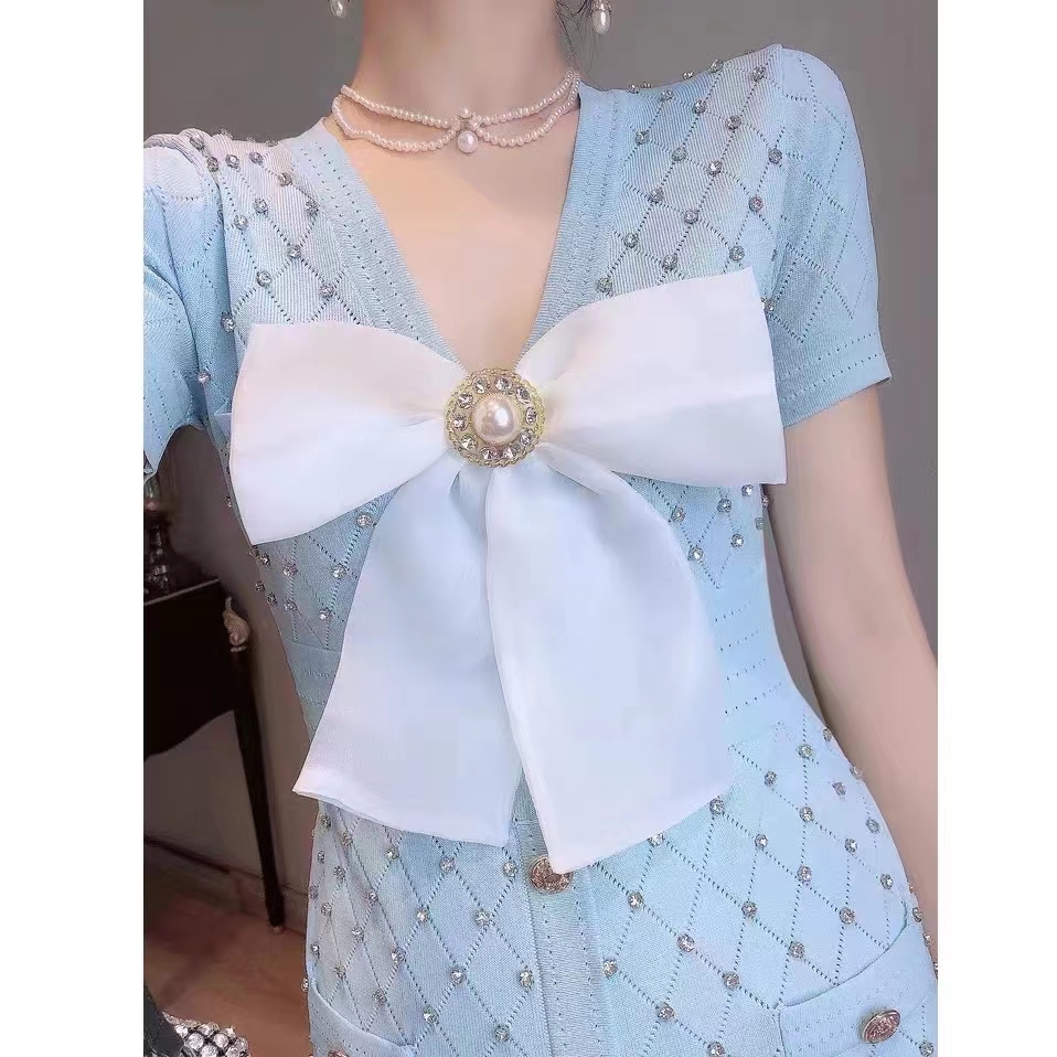 1007春夏新款小香风气质短袖V领收腰显瘦连衣裙优雅针织衫