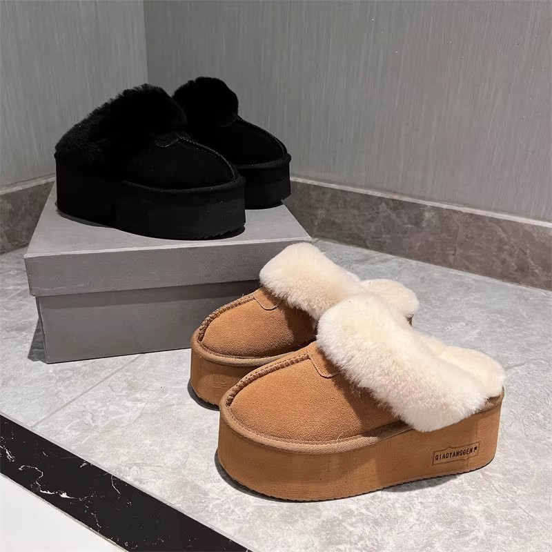回力瑞厚底毛毛拖鞋女外穿2023新款皮毛一体雪地靴小个子增高半拖