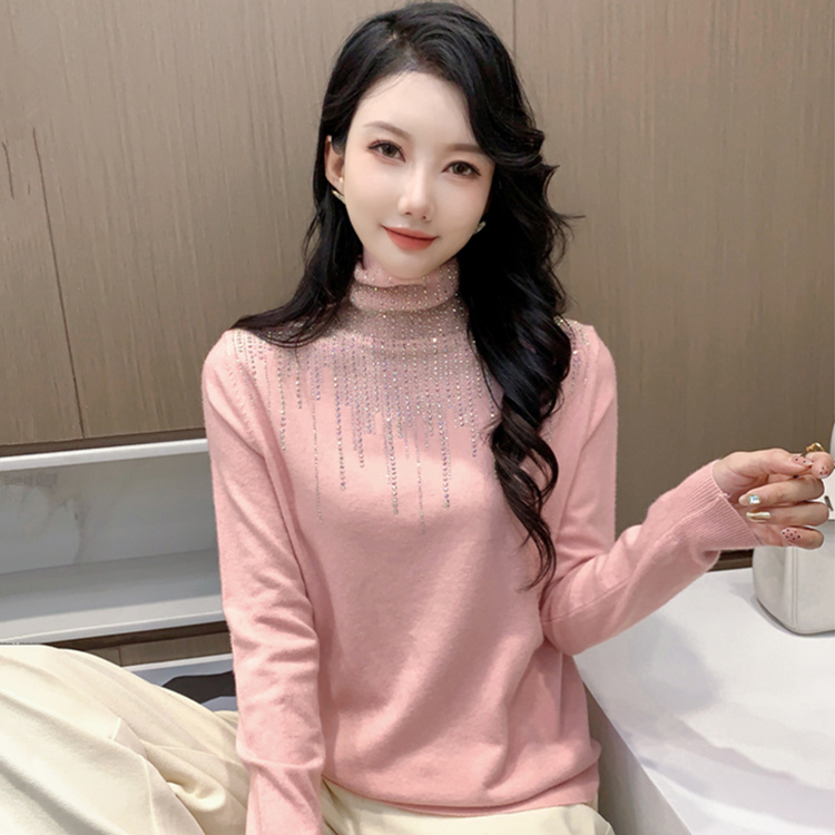 怡薇莲2023秋冬新款重工烫钻堆堆领针织衫高领修身打底衫显瘦毛衣