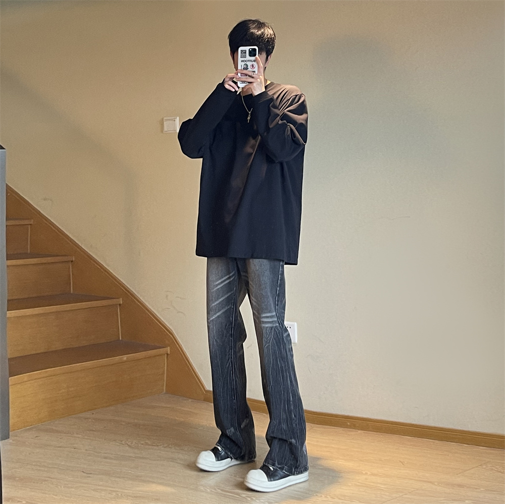 美式高街cleanfit工装牛仔裤男修身显瘦纽扣设计感裤子直筒微喇裤