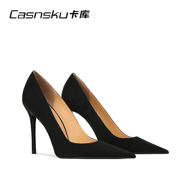 CASNSKU卡库黑色绒面尖头高跟鞋女细跟职业通勤单鞋女性感百搭