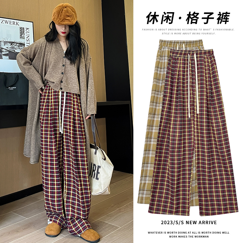 直筒格子裤慵懒风松紧腰黑白格子休闲裤女2023秋季新款宽松阔腿裤