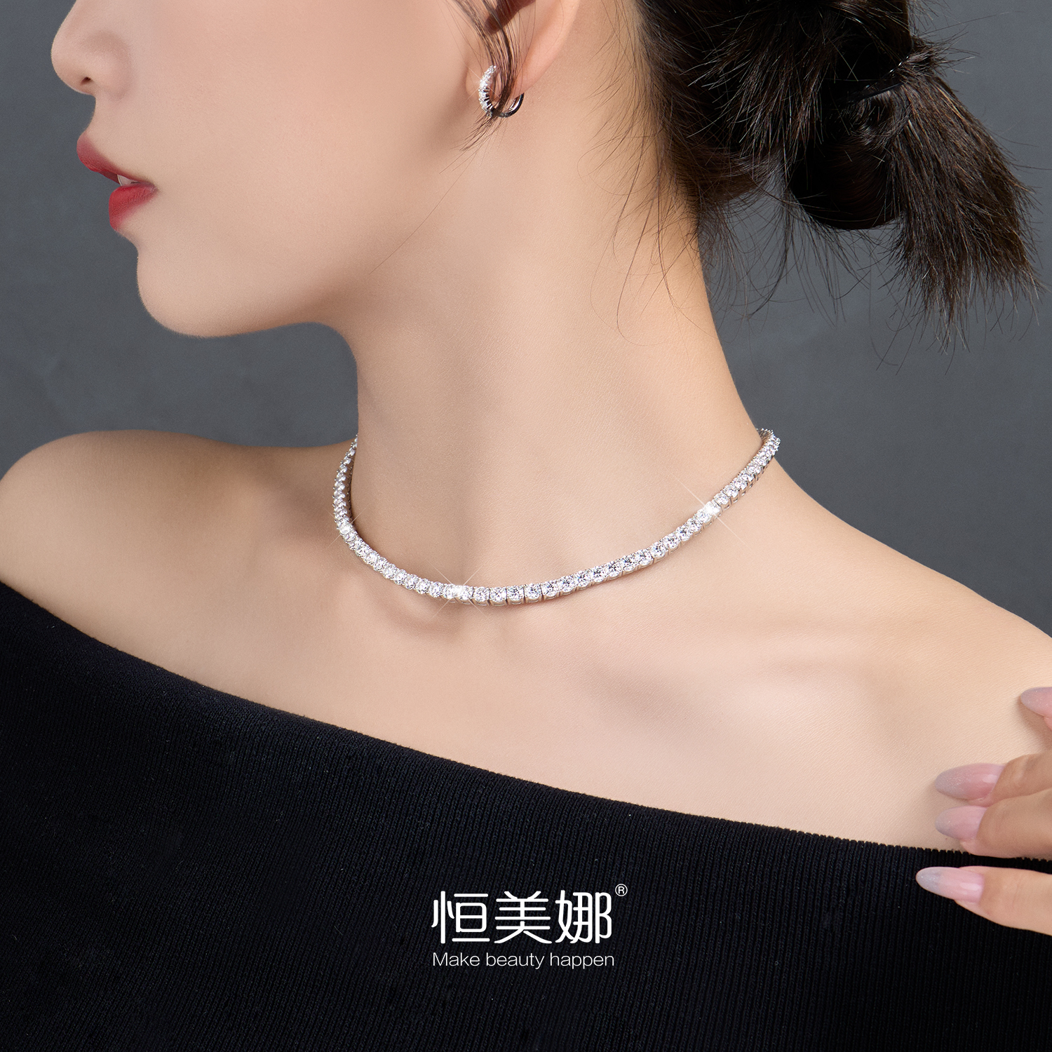恒美娜 坠链均925银 大银河项链情侣莫桑钻锁骨链轻奢男女choker