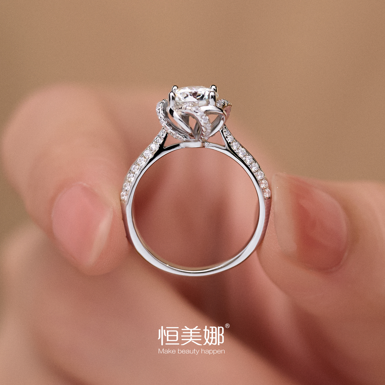 恒美娜 925银莫桑石戒指 玫瑰喷泉钻戒经典轻奢莫桑戒银戒镶嵌女