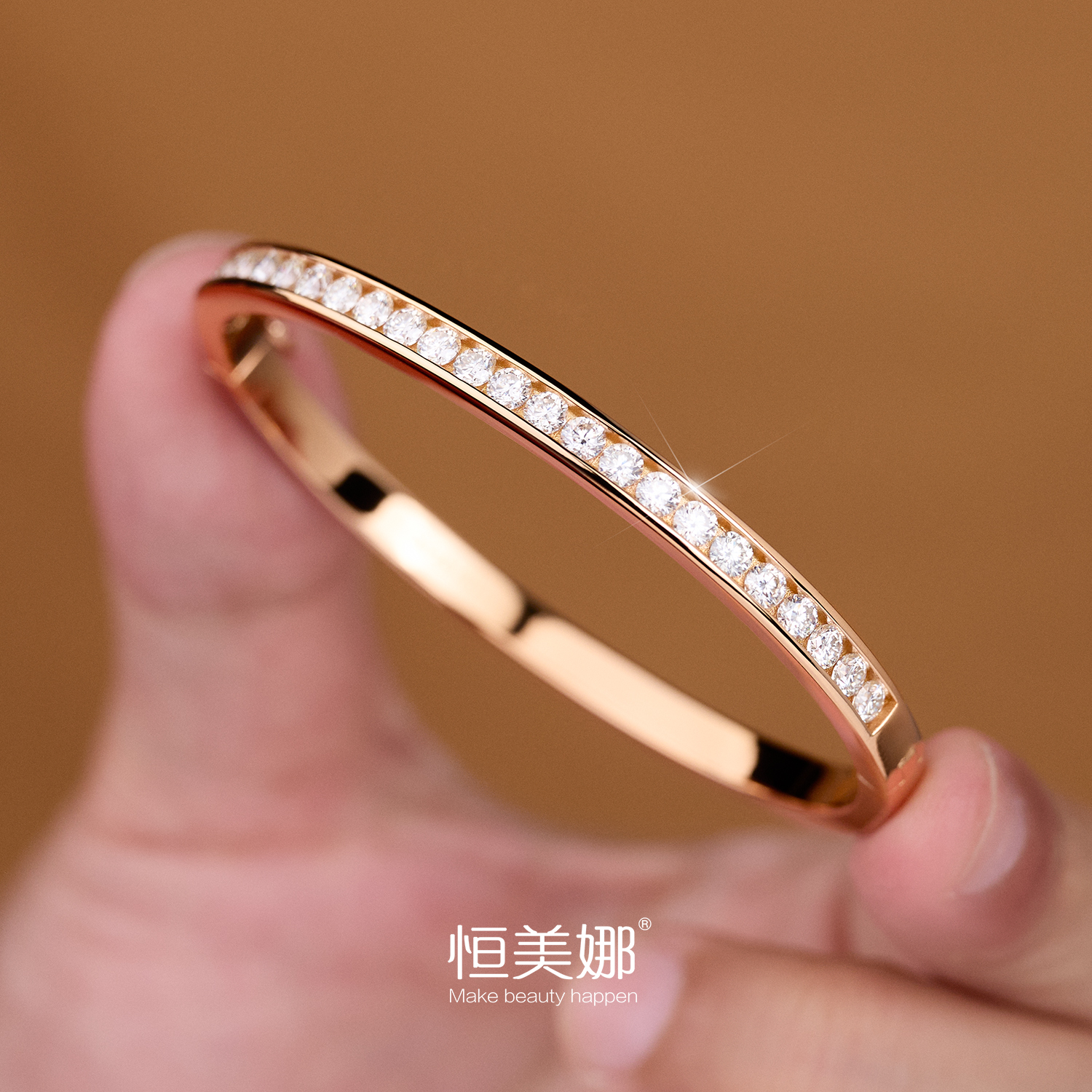 恒美娜 925银莫桑石手镯 伴星银镯子轻奢经典百搭简约气质排钻女
