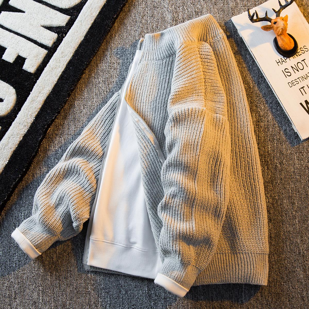 帅气加绒痞帅百搭秋冬洋气重磅加厚男士纯色针织衫外套感开衫毛衣