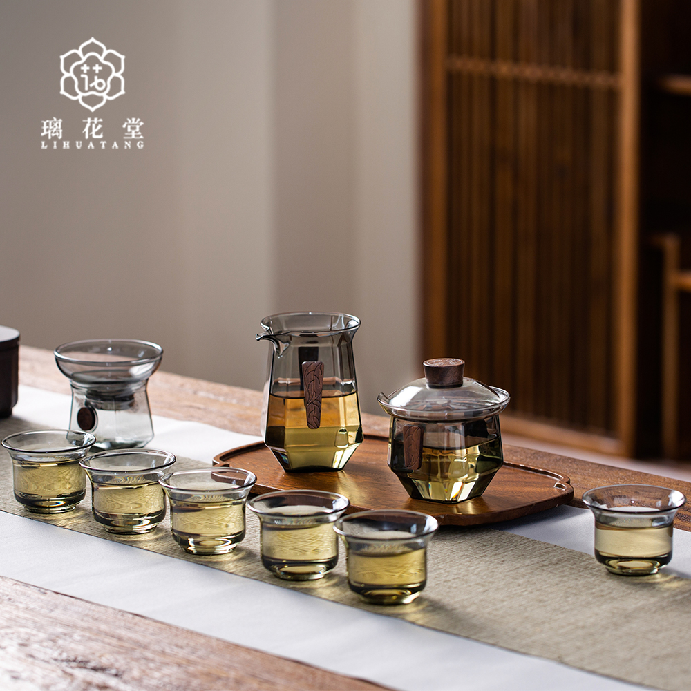 璃花堂透黑盖碗公杯茶漏三件套 防烫盖碗公杯茶漏 家用耐热茶具