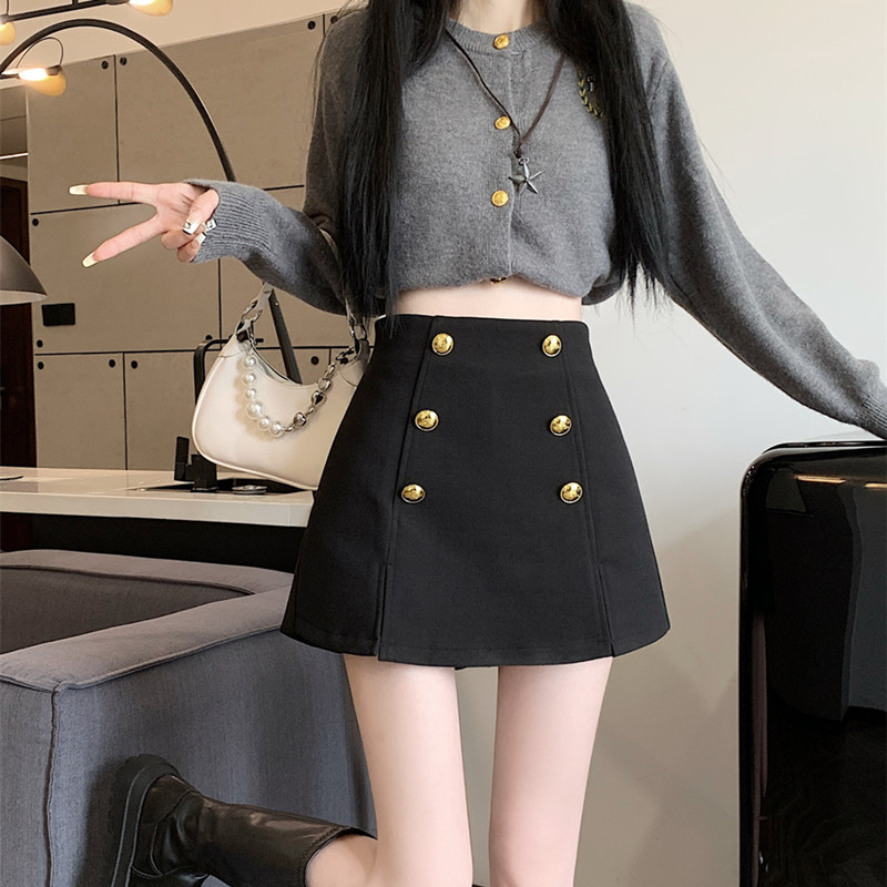 秋冬新款设计感小众双排扣开叉毛呢裤裙气质高腰显瘦a字半身裙女