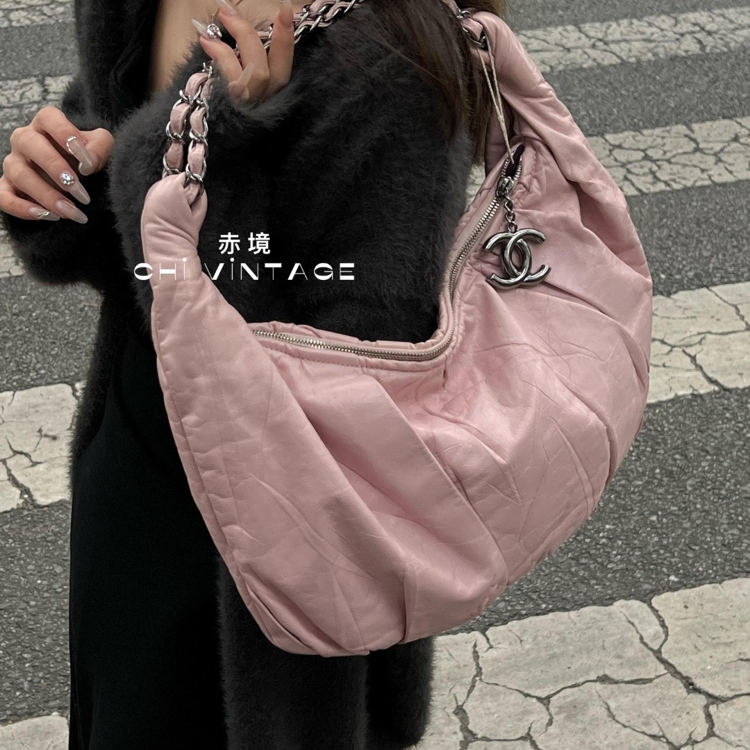 95新 Chanel/香奈儿 0284 粉色褶皱hobo09-10