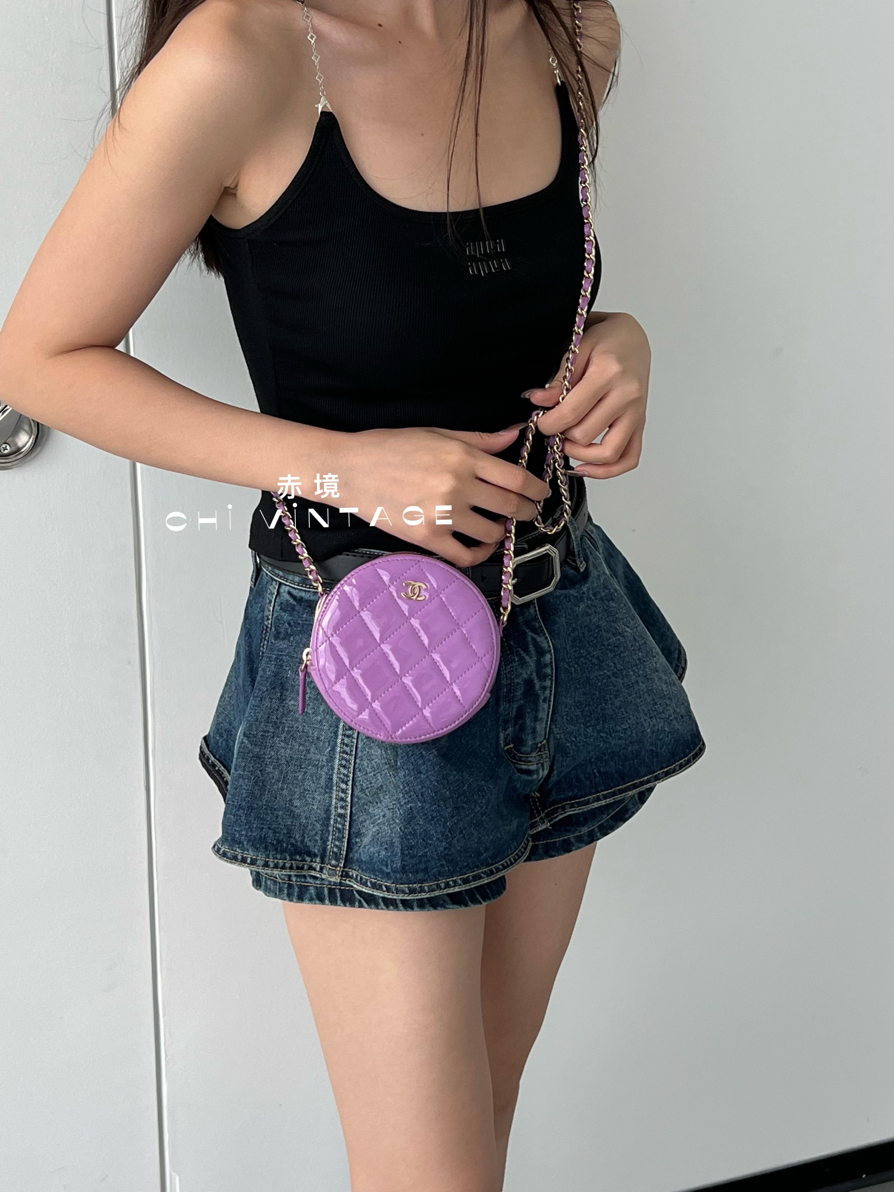 95新 Chanel/香奈儿 4581 紫色漆皮圆饼斜挎时尚流行链条包19-20