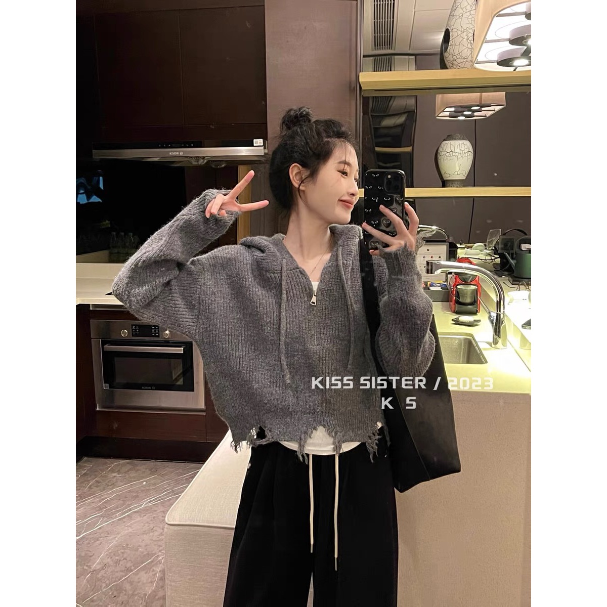 2023秋季新款连帽短款针织衫女秋冬内搭 宽松慵懒风套头毛衣