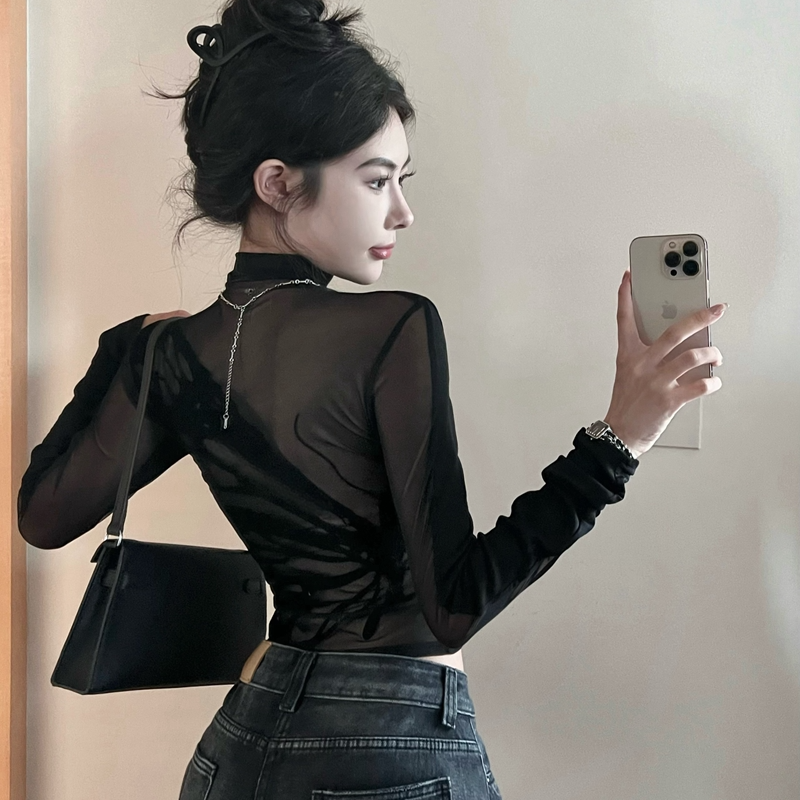网纱拼接半高领长袖T恤女秋冬季性感辣妹透视上衣内搭短款打底衫