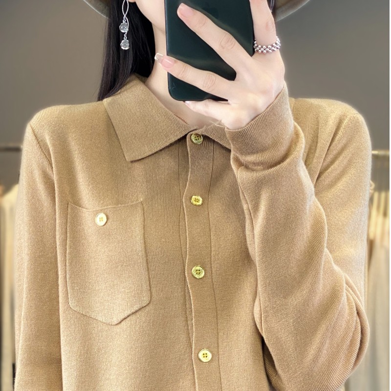 【精纺羊毛】百搭POLO领带兜衬衣领针织绵羊毛开衫衬衫GH412