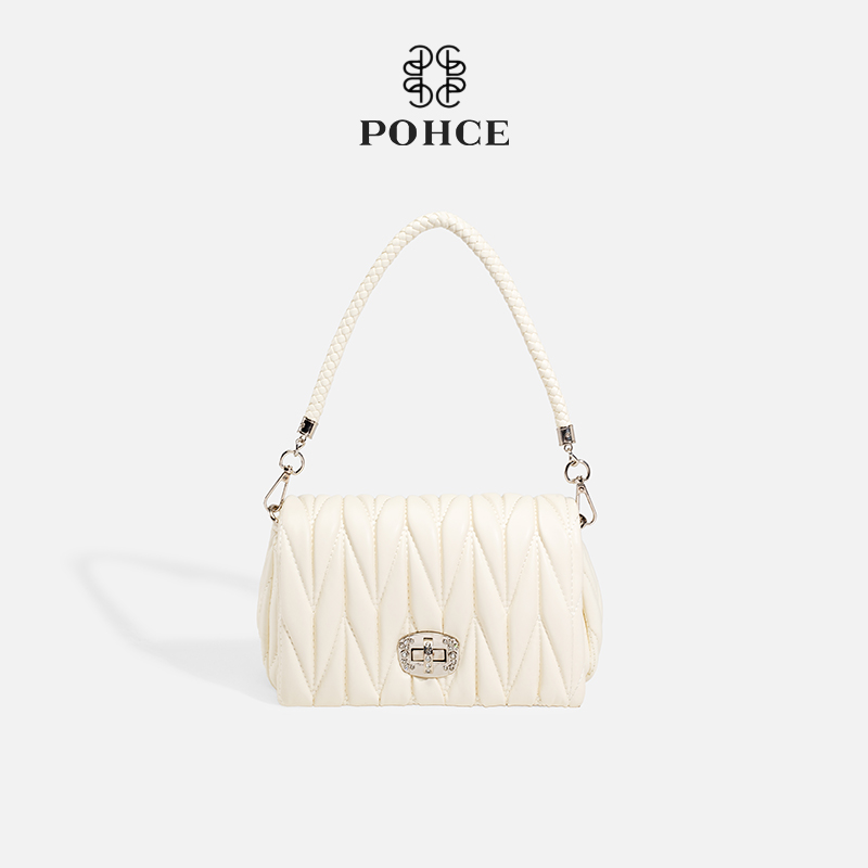 新款白色褶皱单肩包镶钻链条女包斜挎时尚小包网红腋下包1247