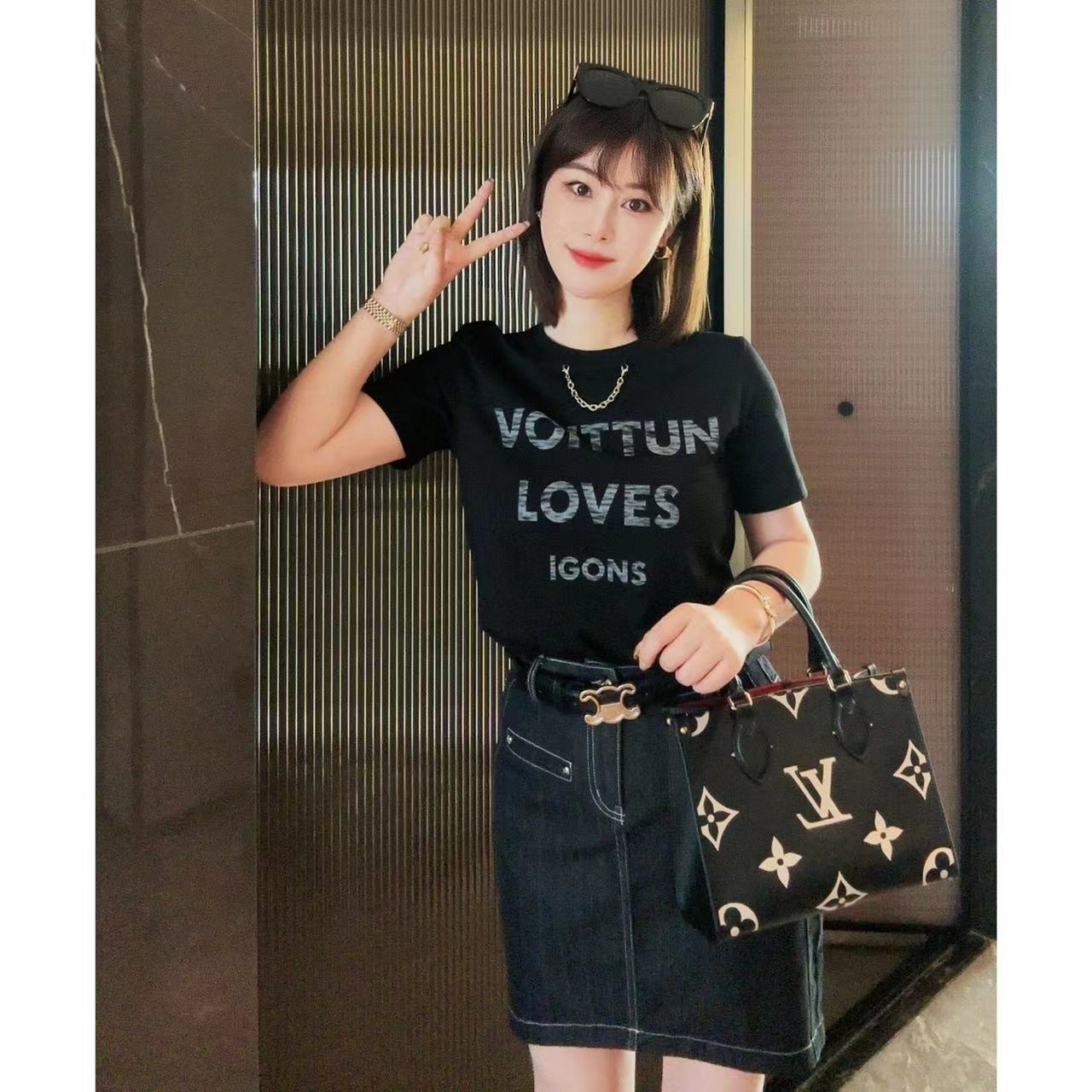 【叶娉婷】2023夏季字母印花链条小众设计百搭显瘦短袖T恤PT7290