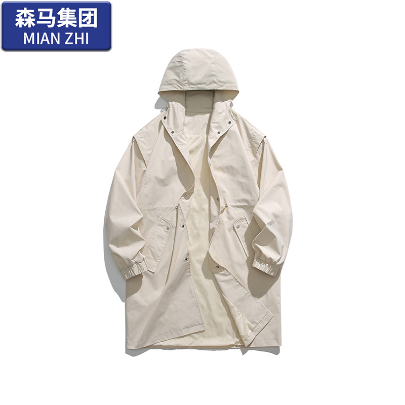 森馬集团棉致潮牌纯色中长款连帽风衣男日系复古宽松bf风山系外套