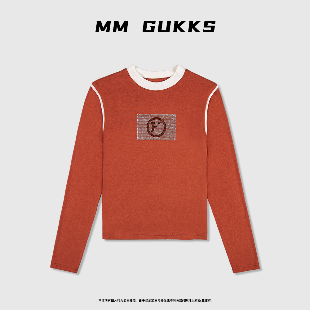 【明明专享】2023秋冬新款轻奢橘色显瘦圆领套头长袖打底衫T恤上衣