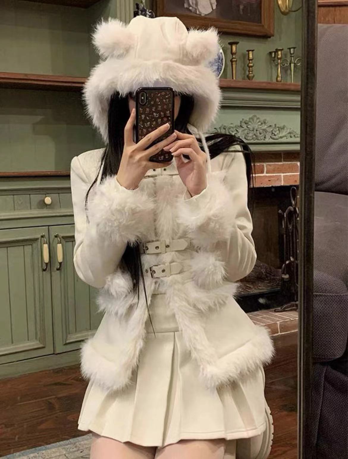 夹棉麂皮绒长袖骑行外套女装冬季新款收腰毛毛温柔小香风两件套