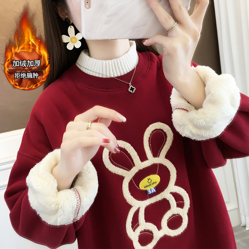 半高领羊羔毛加绒加厚卫衣女2023新款秋冬兔年本命年红色外套外穿