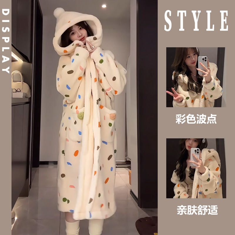 可爱加绒珊瑚绒春秋女冬2023新款保暖加厚毛绒睡袍上班可穿的时尚