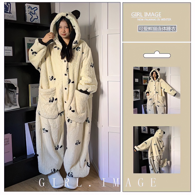 可爱熊猫印花珊瑚绒睡衣女冬季新款一体式毛绒加厚加绒家居服睡袍