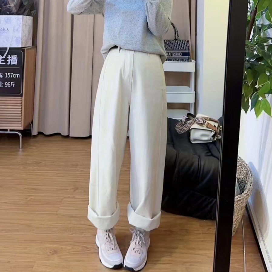 81541余小鱼 米白色简洁韩版气质显瘦直筒阔腿高腰牛仔裤女装