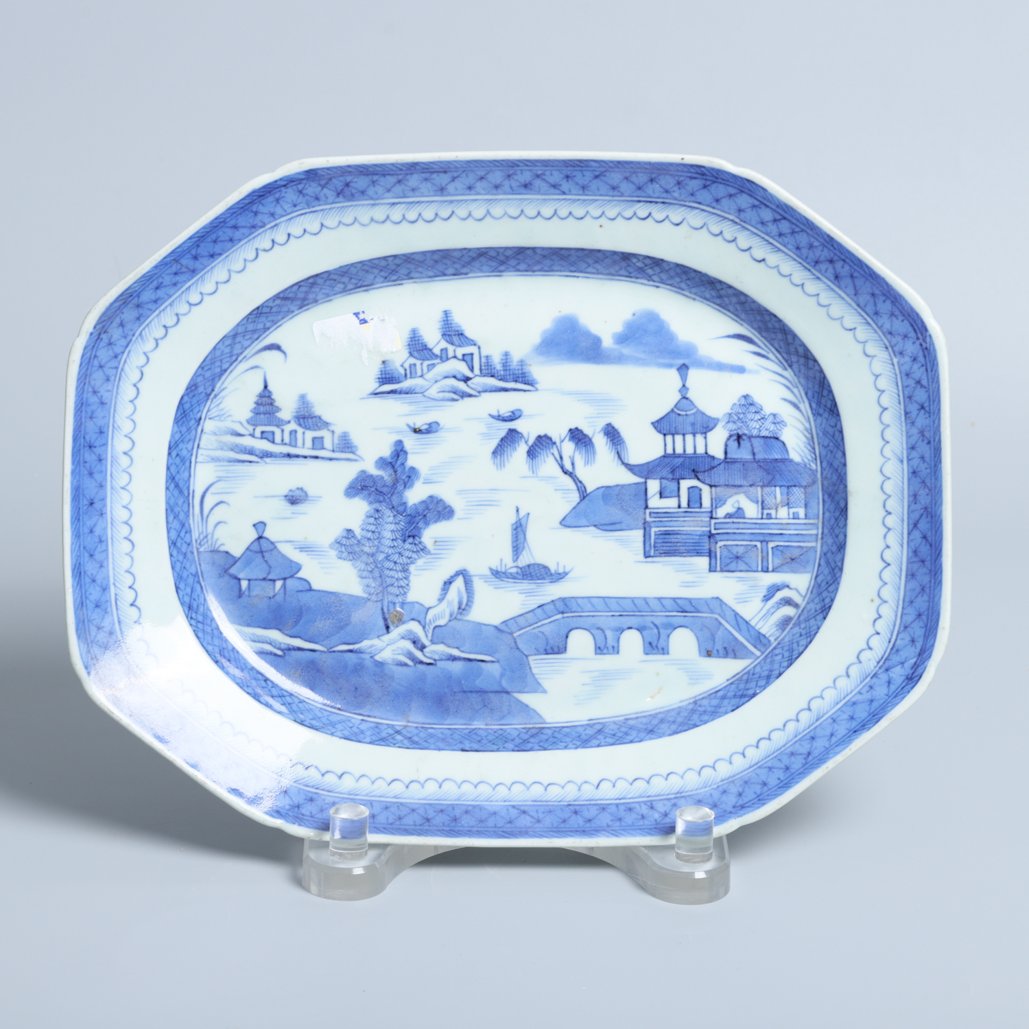 古董青花楼阁八方盘清代/收藏/文物/瓷器传承/绣花张-M23LV058C86